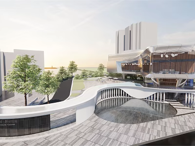 Modern Sales Office Building with Surrounding Trees Curved Walkway and Water Feature 3d model