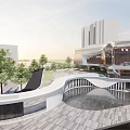 Modern Sales Office Building with Surrounding Trees Curved Walkway and Water Feature