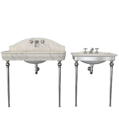 Vintage Double Pedestal Washbasins Featuring Marble Countertop And Chrome Metal Faucet Legs 3d model