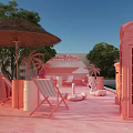 Fun Pink Sea Breeze Music Concert Scene With Pink Backdrop Chairs Lifebuoys And Palm Trees