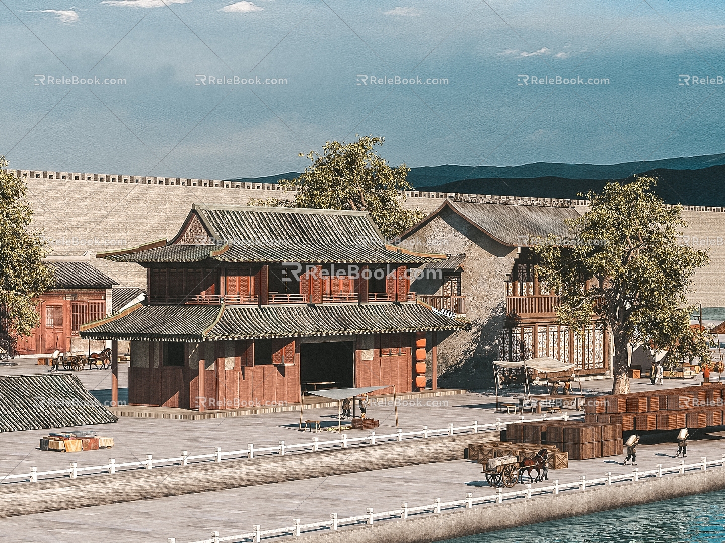 Chinese-style wharf outdoor wharf labor selling 3d model