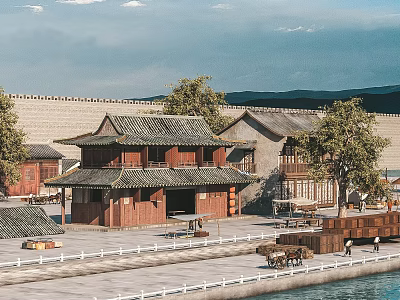 Scenic Traditional Chinese Architecture With Red Wooden Double Tiered Roof Waterfront Trees and City Wall 3d model