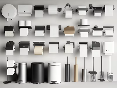 Different Types Of Bathroom Accessories Toilet Paper Holders Bins Brushes 3d model