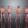Shirtless Men In Black Shorts Holding Long Sticks In Various Poses On Grey Reflective Floor
