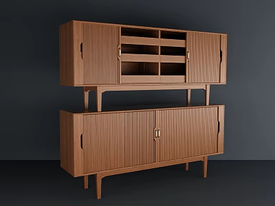 Wooden TV Stand With Two Tier Design Open Shelves And Cabinet Doors 3d model
