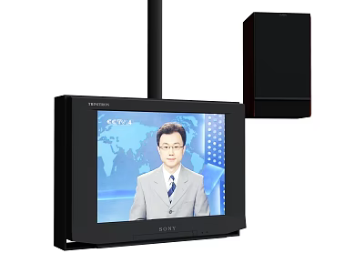 SONY Television Screen Showing News Broadcaster With World Map Background And Black Speaker 3d model