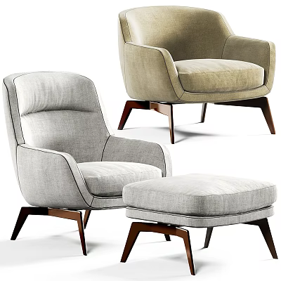 Modern Light Gray Single Sofa With Beige Fabric Wooden Legs And Ottoman 3d model