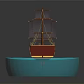 Red Sailboat Model With Multiple Masts Black Sails And Blue Transparent Base