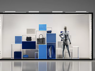 Stylish Window Display Featuring Blue White Shelves Handbags And Mannequin Clothing 3d model