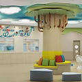 Bright Kindergarten Interior With Cloud Ceiling Tree Structure Cozy Seating And Colorful Toys