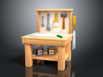 Wooden Workbench Setup With Tools Paint Cans Paper And Green Pencil 3d model