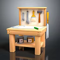Wooden Workbench Setup With Tools Paint Cans Paper And Green Pencil