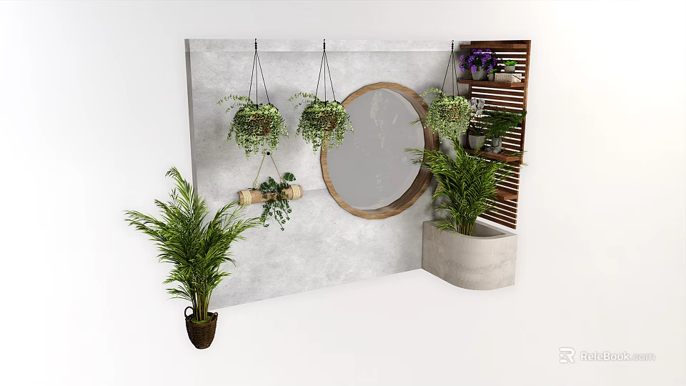 Bonsai Potted Plants Hanging On Wall With Round Mirror And Greenery Decor 3d model 