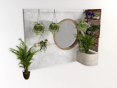 Bonsai Potted Plants Hanging On Wall With Round Mirror And Greenery Decor 3d model