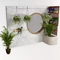 Bonsai Potted Plants Hanging On Wall With Round Mirror And Greenery Decor