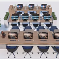 Modern Office Workspace With Multiple Desks Computers Chairs And Green Plants 3d model