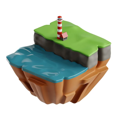 Island With Green Grass Red White Lighthouse Small House Blue Water And Brown Cliffs 3d model