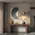 Wooden Chinese Console Table With Blue Wave Painting Branch Vase And Gold Pendant Light