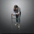 Man In Gray Hoodie Leaning On Metal Ladder Against Dark Background