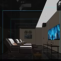 Luxurious Home Theater Interior With Purple Recliners Black Marble Flooring And Blue Lighting