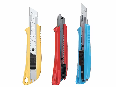 Three Different Colored Utility Knives With Yellow Red And Blue Handles 3d model