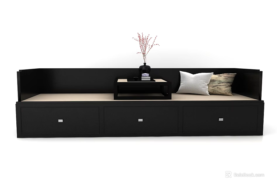 Black Luohan Bed with Storage Drawers Decorative Pillows and Small Table with Vase 3d model 