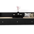 Black Luohan Bed with Storage Drawers Decorative Pillows and Small Table with Vase