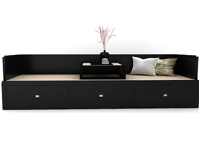 Black Luohan Bed with Storage Drawers Decorative Pillows and Small Table with Vase 3d model