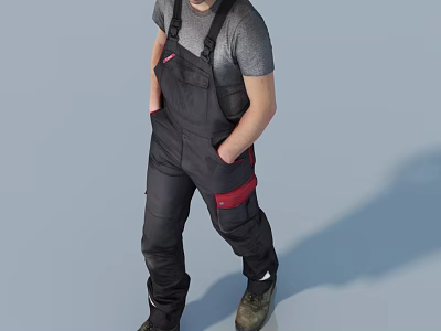 Man Standing In Gray Background Wearing Black Overalls With Red Pockets And Gray T-Shirt 3d model