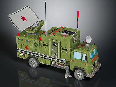 Green Military Vehicle With Radar System Red Star Insignia Antenna And Solar Panels 3d model