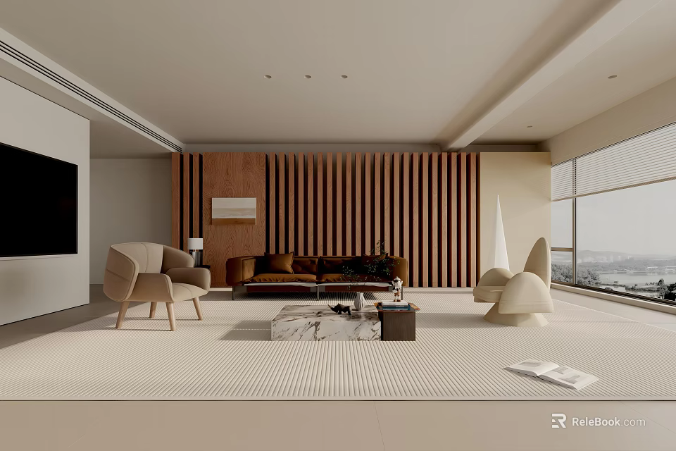 Modern Living Room Interior With Wooden Slat Wall Sofa Armchairs And Coffee Table 3d model 