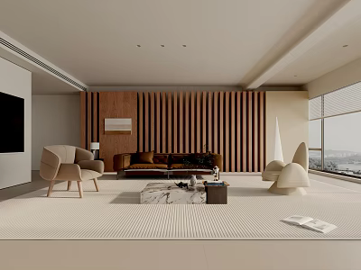 Modern Living Room Interior With Wooden Slat Wall Sofa Armchairs And Coffee Table 3d model