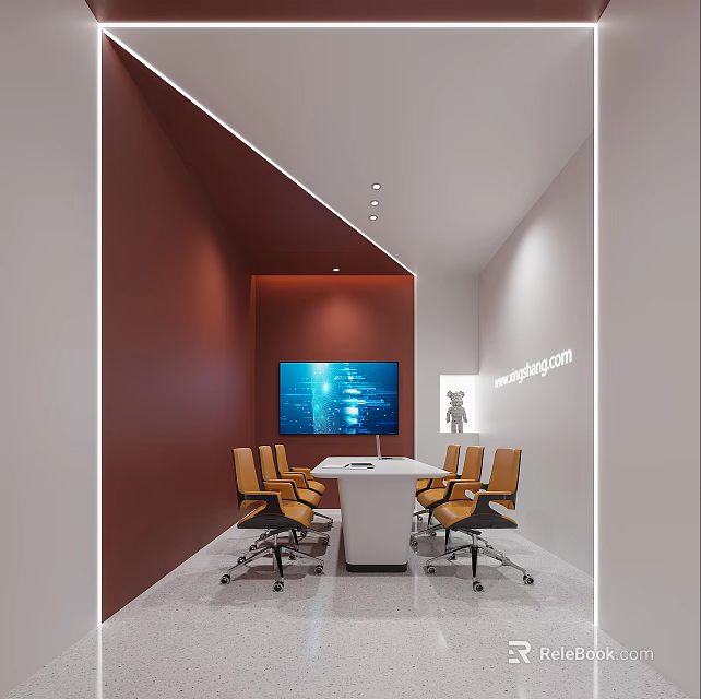 Modern Conference Room Interior With Large Screen TV Brown Walls White Table And Orange Chairs 3d model 