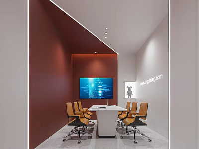 Modern Conference Room Interior With Large Screen TV Brown Walls White Table And Orange Chairs 3d model