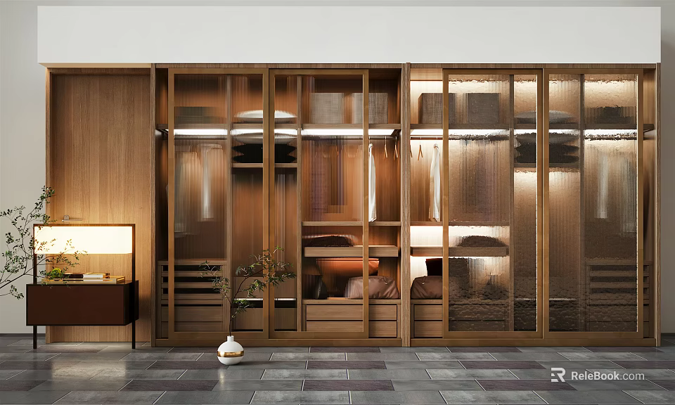 Modern Wooden Wardrobe With Glass Doors Built in Lighting And Storage Shelves 3d model 