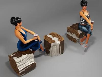 Women Sitting On Wooden Log Seats Holding Cups With White Textured Details 3d model