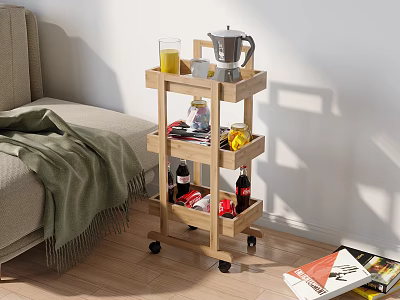 Wooden Rolling Side Cart with Storage for Drinks in Living Room 3d model