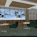 Cozy School Lounge With Green Chairs Round White Tables Wooden Bookshelves And Hanging Plants