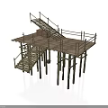 Modern Elevated Wooden Platform With Staircases Railings And Wooden Post Supports