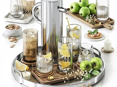 Stylish Decorative Ornament Set with Silver Tray Glass Cups Lemon Slices Green Apples Nuts and Candles 3d model