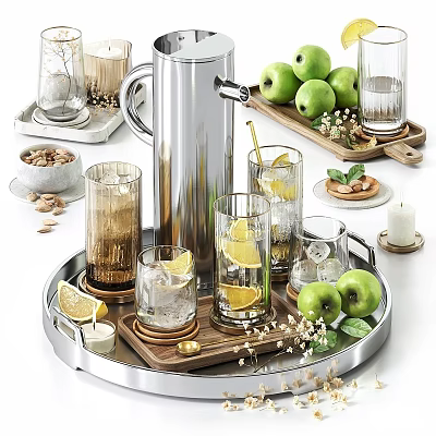 Stylish Decorative Ornament Set with Silver Tray Glass Cups Lemon Slices Green Apples Nuts and Candles 3d model