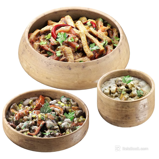 Colorful Assorted Food Dishes in Wooden Bowls with Fresh Herbs and Vegetables 3d model 