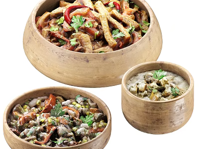 Colorful Assorted Food Dishes in Wooden Bowls with Fresh Herbs and Vegetables 3d model