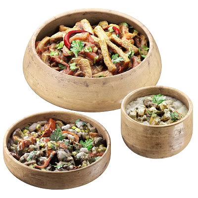 Colorful Assorted Food Dishes in Wooden Bowls with Fresh Herbs and Vegetables 3d model