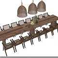 Rustic Dining Table Set with Woven Chairs Three Woven Pendant Lights and Table Plant Decor