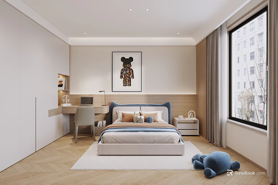 Bright Kids Room Interior With Bed Desk Chair Window Rug And Blue Stuffed Bear 3d model 