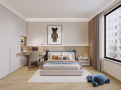 Bright Kids Room Interior With Bed Desk Chair Window Rug And Blue Stuffed Bear 3d model