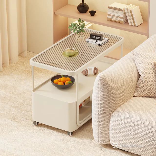 Modern Living Room Side Table With Striped Top Wheels Plant And Oranges 3d model 