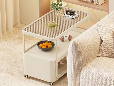 Modern Living Room Side Table With Striped Top Wheels Plant And Oranges 3d model