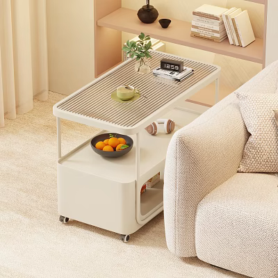 Modern Living Room Side Table With Striped Top Wheels Plant And Oranges 3d model